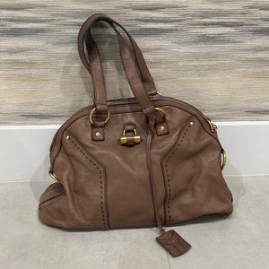 100% authentic taupe leather (gold hardware) YSL handbag. Vintage style.